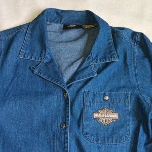 Womens Vintage Harley Davidson Denim Tie Front Button Up Long Sleeve